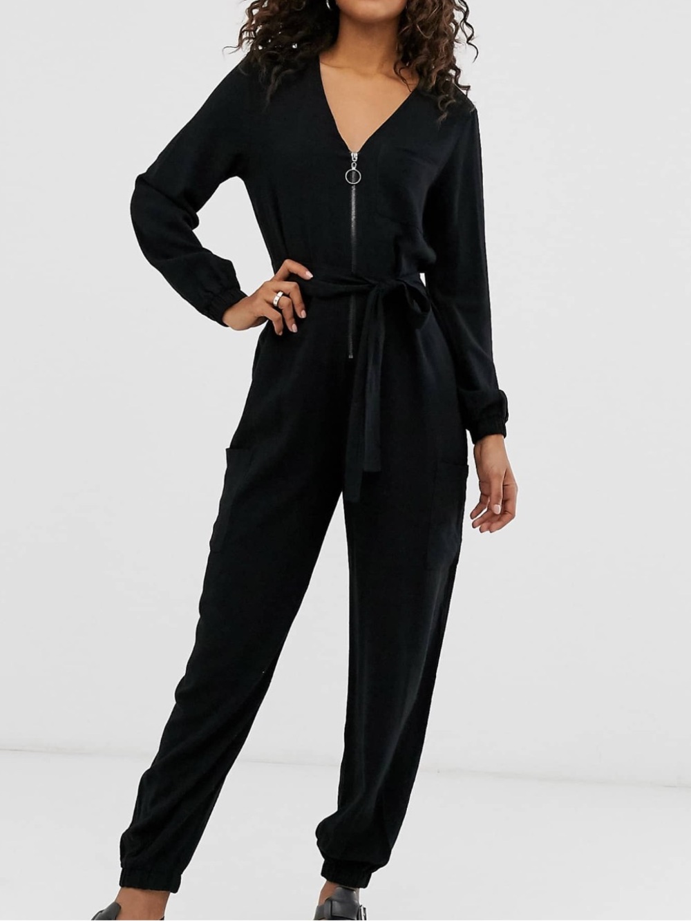 ASOS - Black Zip-Front Tie-Waist Jumpsuit